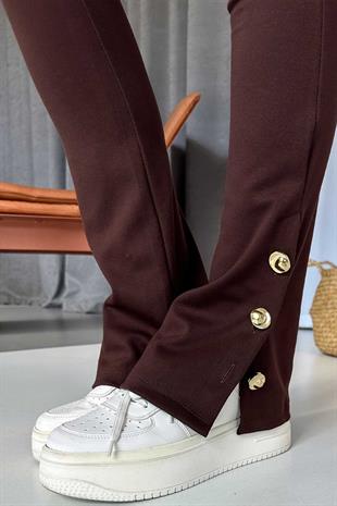 Yüksek Bel Gold Düğme Detay İspanyol Paça Kadın Tayt - Kahverengi