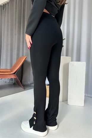 Yüksek Bel Gold Düğme Detay İspanyol Paça Kadın Tayt - Siyah