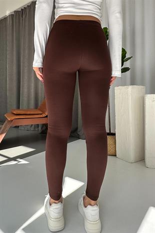 Yüksek Bel Gold Düğme Detay Kadın Tayt - Kahverengi