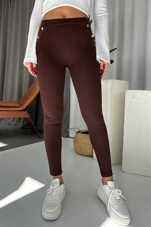 Yüksek Bel Gold Düğme Detay Kadın Tayt - Kahverengi