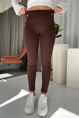 Yüksek Bel Gold Düğme Detay Kadın Tayt - Kahverengi