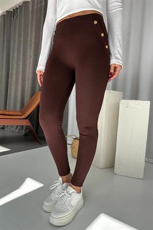 Yüksek Bel Gold Düğme Detay Kadın Tayt - Kahverengi