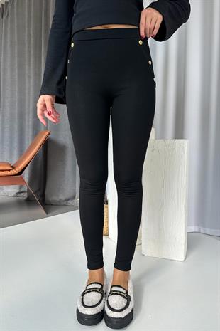 Yüksek Bel Gold Düğme Detay Kadın Tayt - Siyah