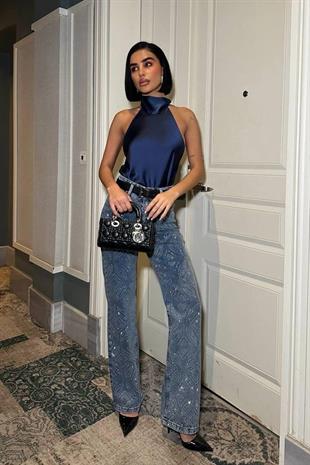 Yüksek Bel Işıltılı Desenli Kot Jean - Mavi