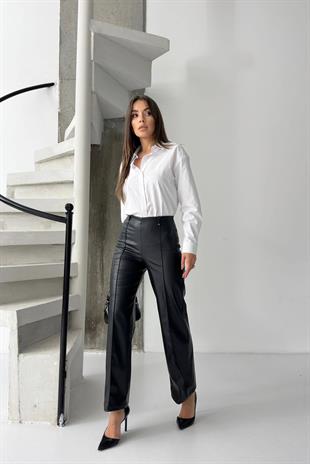 Yüksek Bel Kadın Deri Nervürlü Bol Paça Pantolon - Siyah