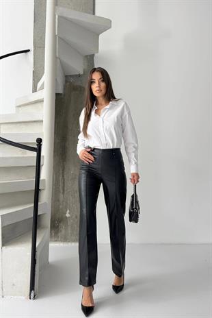 Yüksek Bel Kadın Deri Nervürlü Bol Paça Pantolon - Siyah