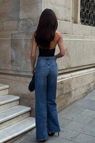 Yüksek Bel Likralı Asimetrik Pantolon - Mavi