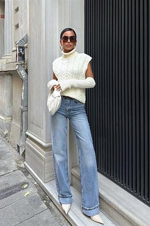 Yüksek Bel Likralı Paça Katlama Detay Pantolon - Mavi