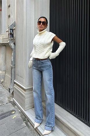 Yüksek Bel Likralı Paça Katlama Detay Pantolon - Mavi