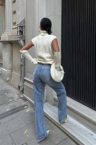 Yüksek Bel Likralı Paça Katlama Detay Pantolon - Mavi