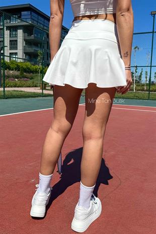 Yüksek Bel Likralı Scuba Şort Etek - Beyaz