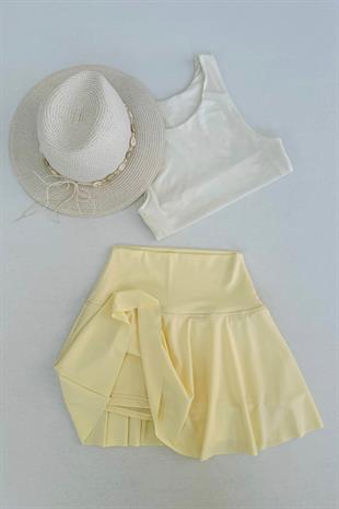 Yüksek Bel Likralı Scuba Şort Etek - Sarı