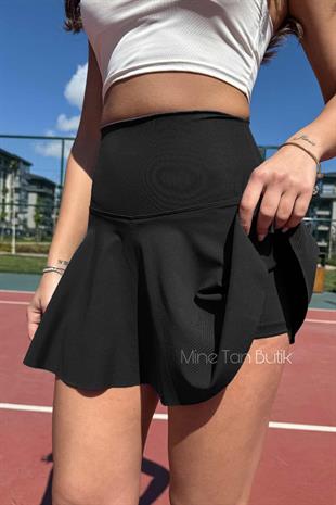 Yüksek Bel Likralı Scuba Şort Etek - Siyah