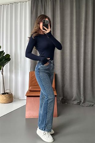 Yüksek Bel Likralı Taşlı Palazzo - Mavi