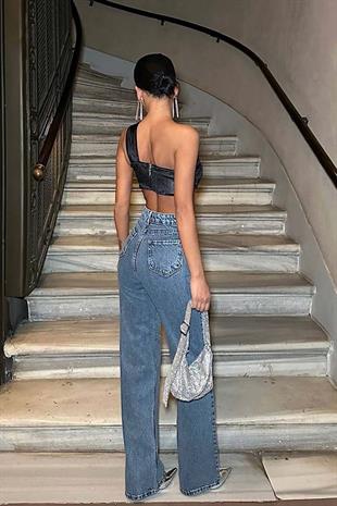 Yüksek Bel Likralı Taşlı Palazzo - Mavi