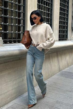 Yüksek Bel Likralı Yeşil Tint Detaylı Palazzo - Mavi