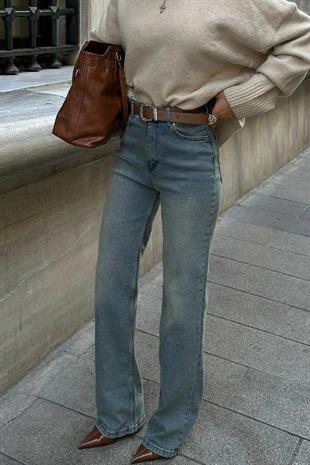 Yüksek Bel Likralı Yeşil Tint Detaylı Palazzo - Mavi