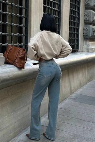 Yüksek Bel Likralı Yeşil Tint Detaylı Palazzo - Mavi