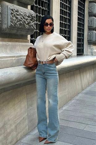 Yüksek Bel Likralı Yeşil Tint Detaylı Palazzo - Mavi