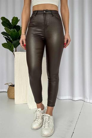 Yüksek Bel Mumlu Kadın Pantolon - Kahverengi