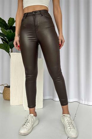 Yüksek Bel Mumlu Kadın Pantolon - Kahverengi