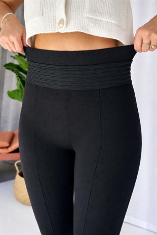 Yüksek Bel Nervür Dikişli Çelik Kadın Tayt - Siyah