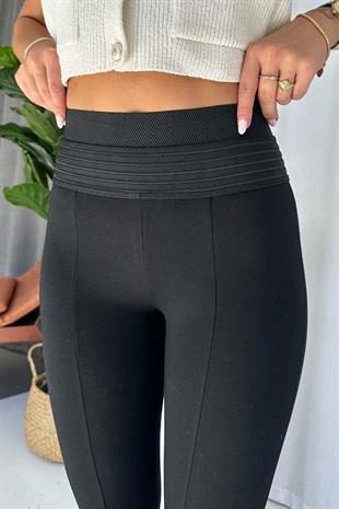 Yüksek Bel Nervür Dikişli Çelik Kadın Tayt - Siyah