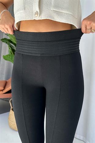 Yüksek Bel Nervür Dikişli Çelik Kadın Tayt - Siyah