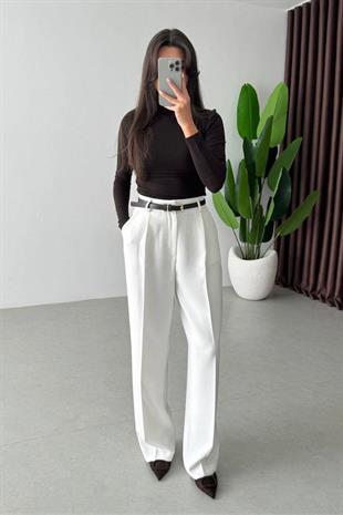 Yüksek Bel Palazzo Model Kadın Pantolon - Beyaz