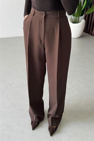 Yüksek Bel Palazzo Model Kadın Pantolon - Kahverengi