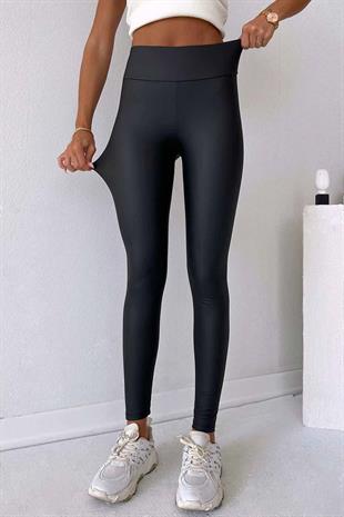 Yüksek Bel Toparlayıcı Etkili Kadın Deri Tayt - Siyah