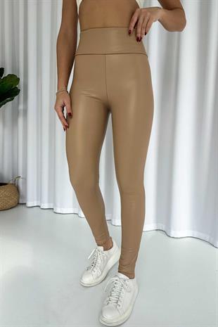 Yüksek Bel Toparlayıcı Etkili Kadın Deri Tayt - Taba