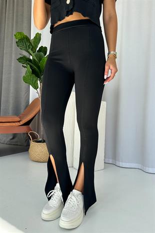 Yüksek Bel Yırtmaçlı Çelik Kadın Tayt - Siyah