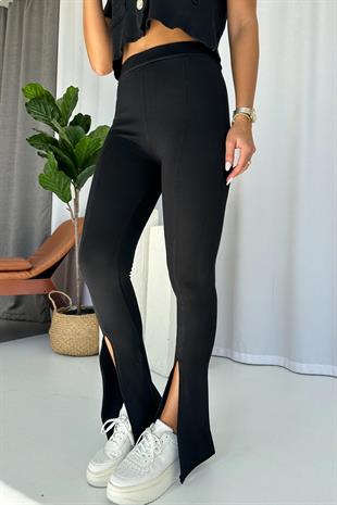 Yüksek Bel Yırtmaçlı Çelik Kadın Tayt - Siyah