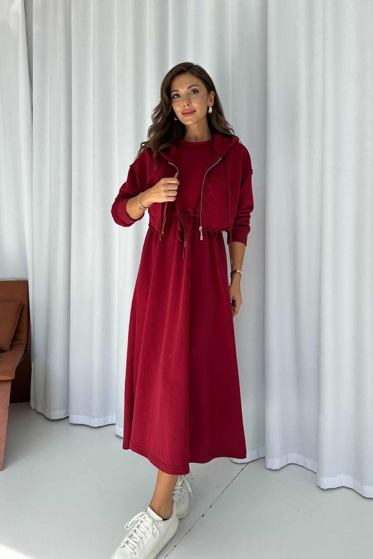 2 'li Sweatshirt Kadın Elbise - Bordo