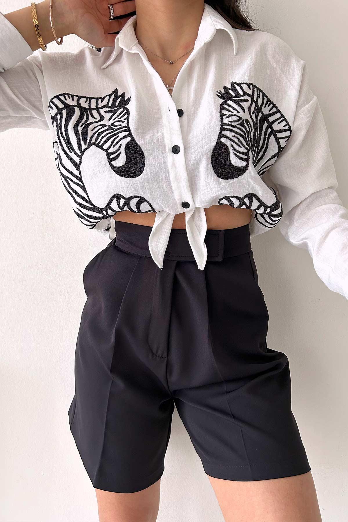 Bağlama Detay Zebra Nakış İşli Kadın Gömlek - Beyaz | Trend&Şık Tasarımlar  | minetanbutik.com.tr