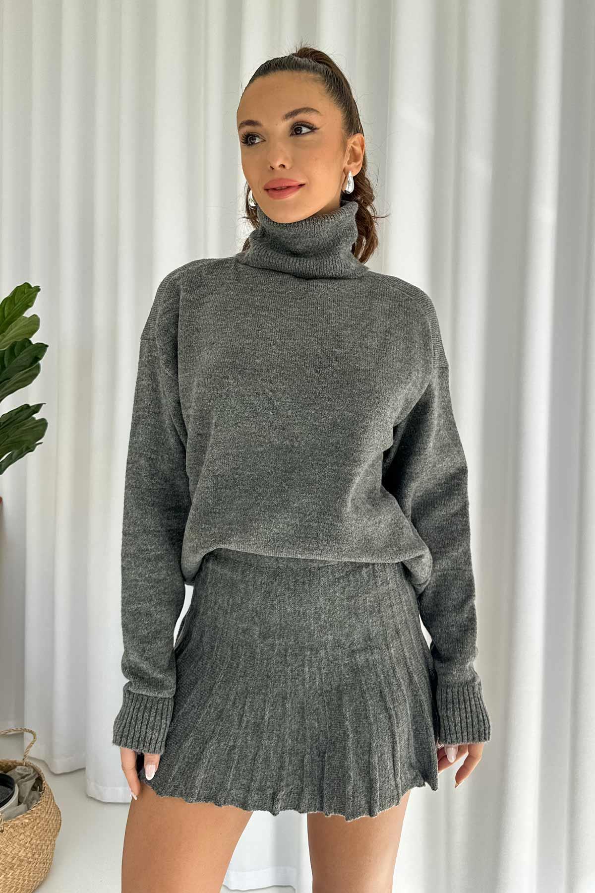 Balıkçı Yaka Kazak Etek Triko Takım - Gri