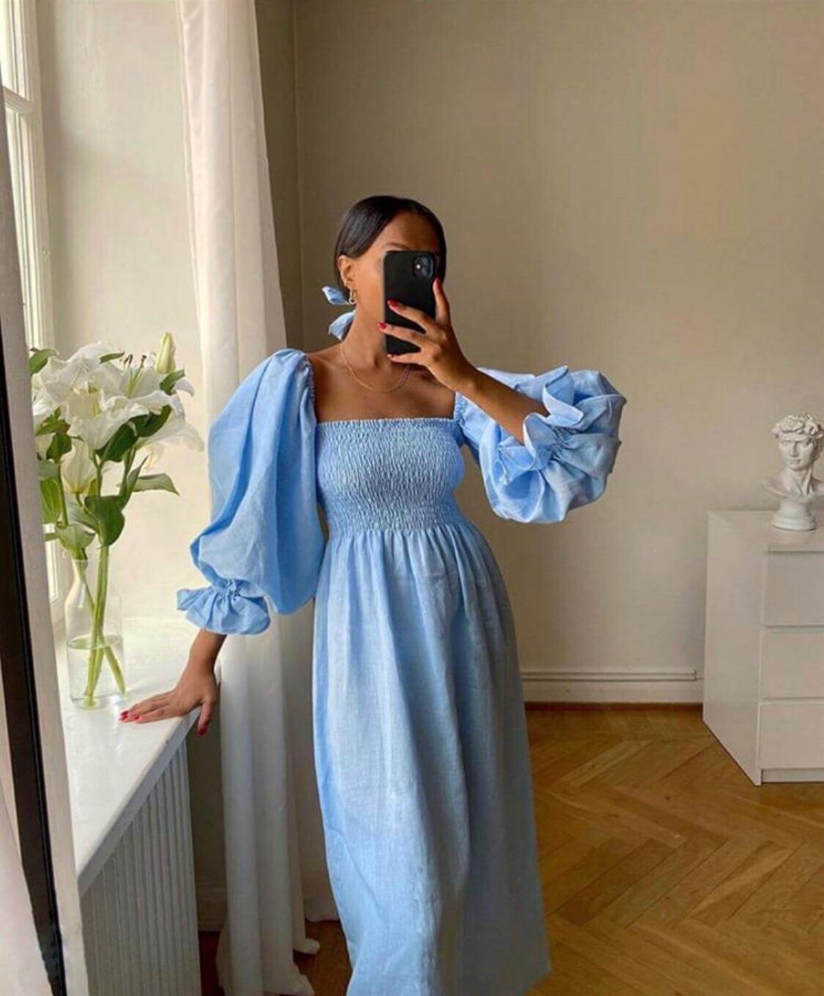 Balon Kol Göğüs Gipeli Mavi Elbise | Trend&Şık Tasarımlar |  minetanbutik.com.tr