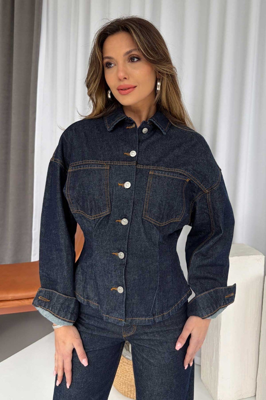 Belden Oturan Denim Kadın Ceket