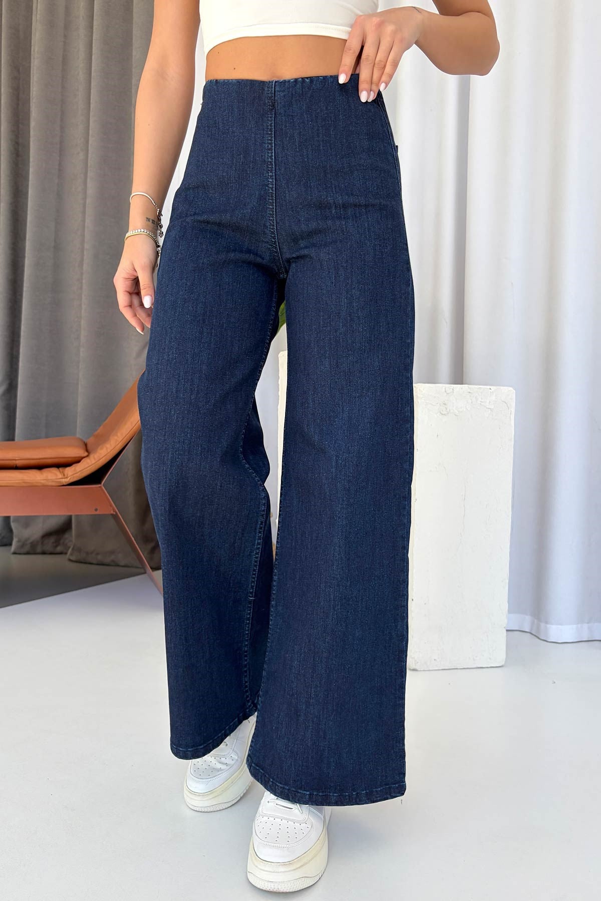 Beli Lastikli Denim Kadın Pantolon - Lacivert