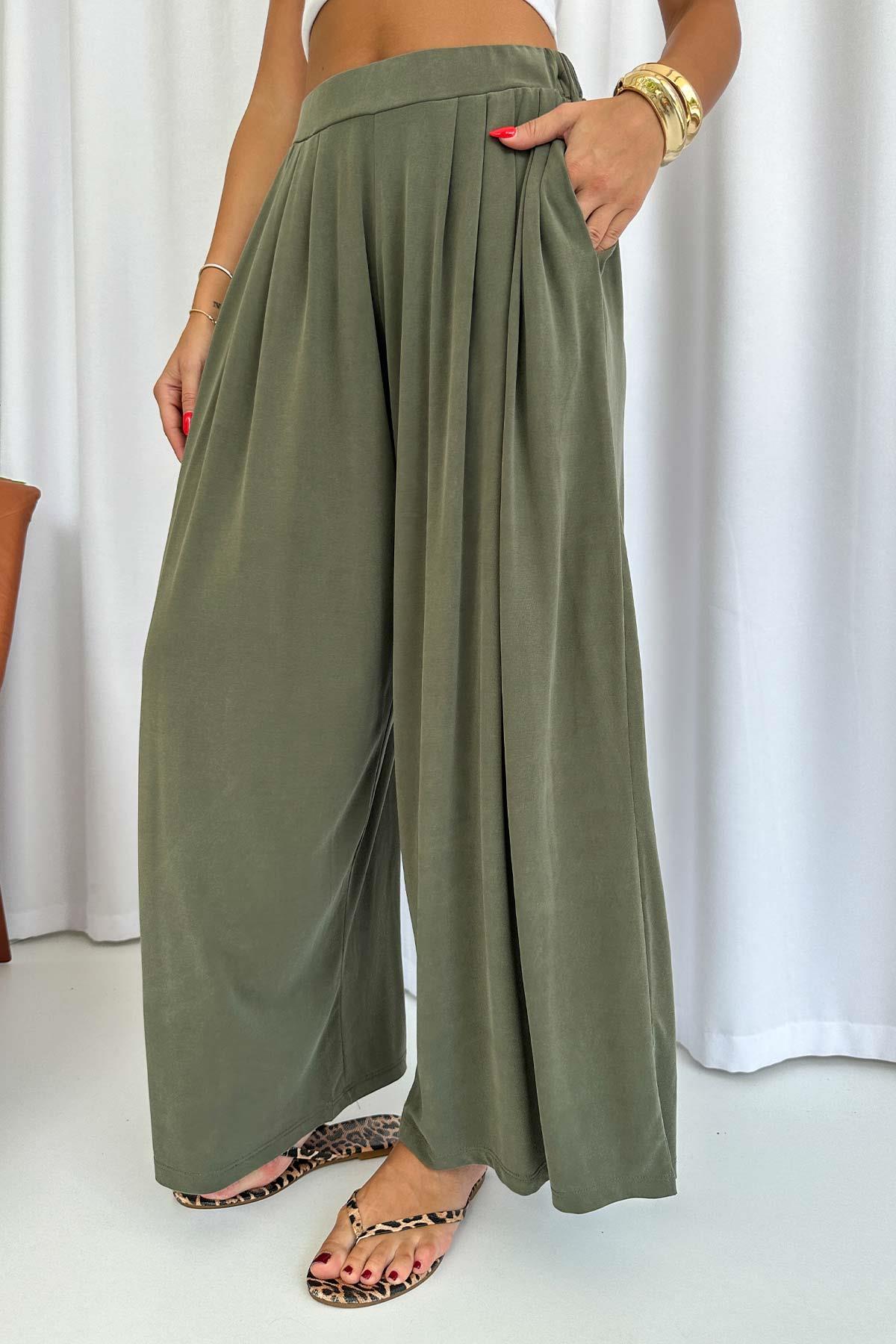 Beli Lastikli Dökümlü Modal Kumaş Pantolon - Haki
