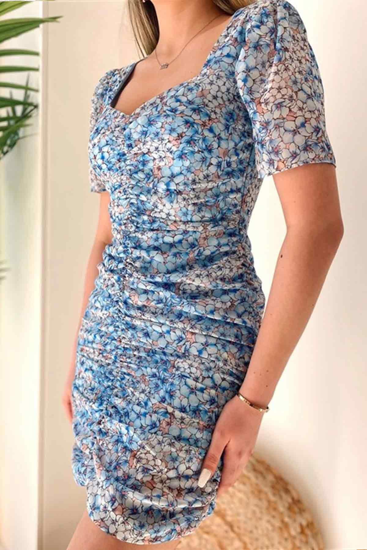 Beşgen Yaka Robin Elbise - Mavi