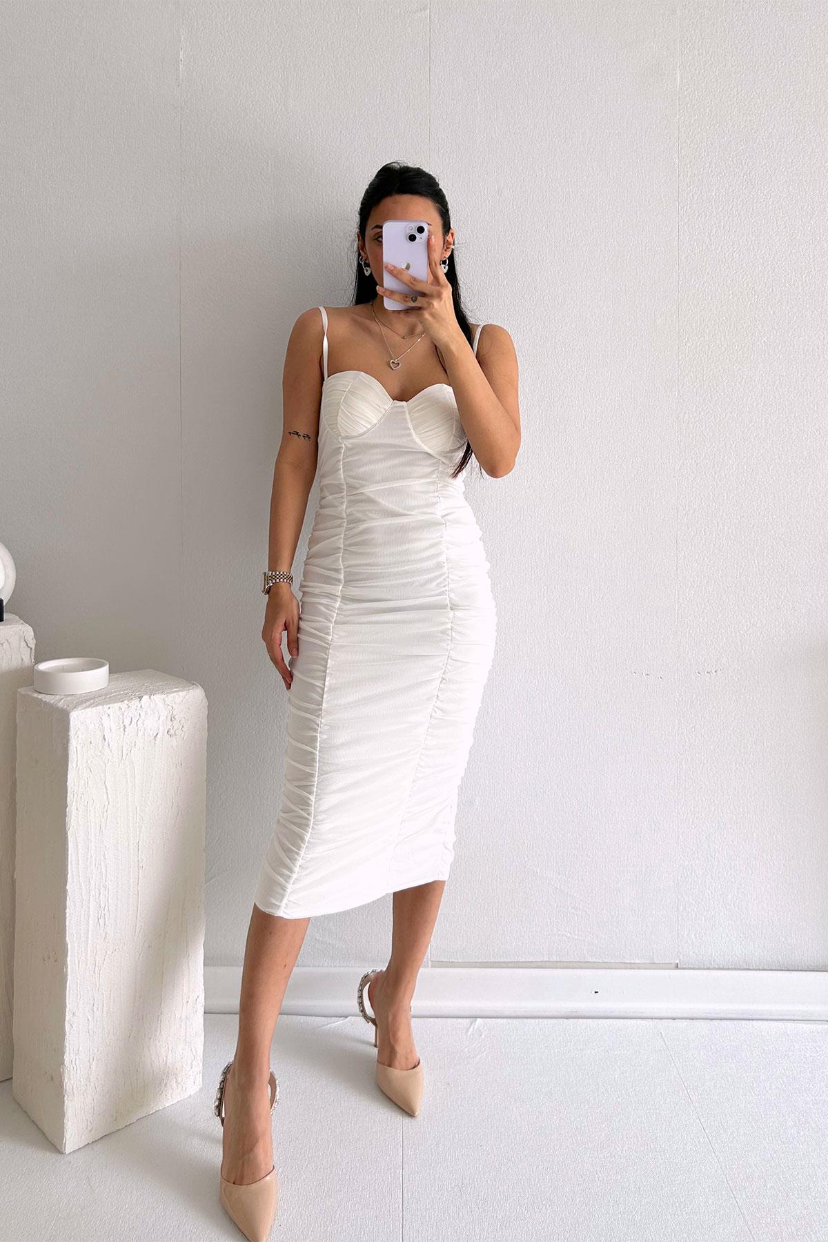 Beyaz İp Askı Düz Drapeli Tül Kadın Midi Elbise | Trend&Şık Tasarımlar |  minetanbutik.com.tr
