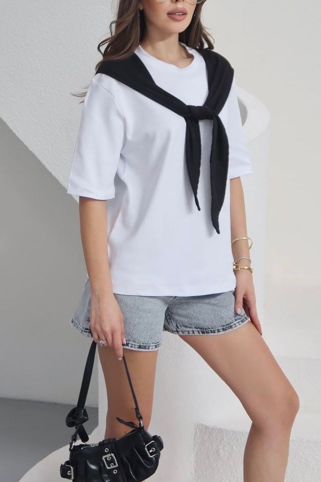 Bisiklet Yaka Pamuklu Kumaş Şal Detay T-Shirt - Beyaz