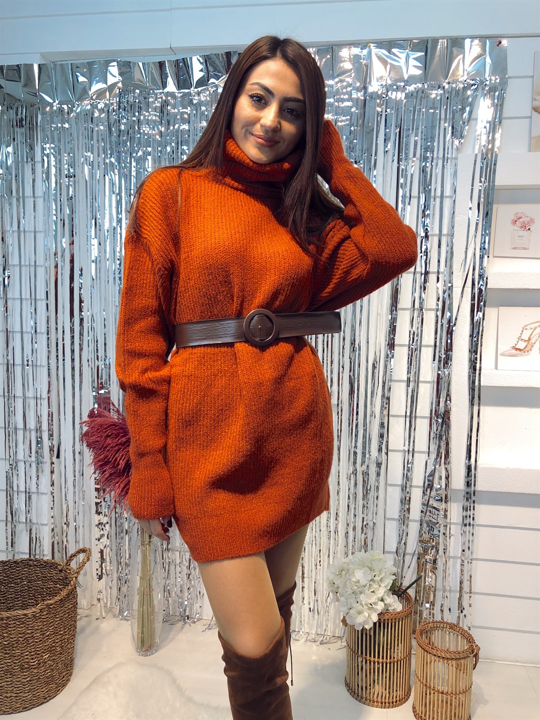 Boğazlı Kremit Renk Kazak Elbise | Trend&Şık Tasarımlar |  minetanbutik.com.tr