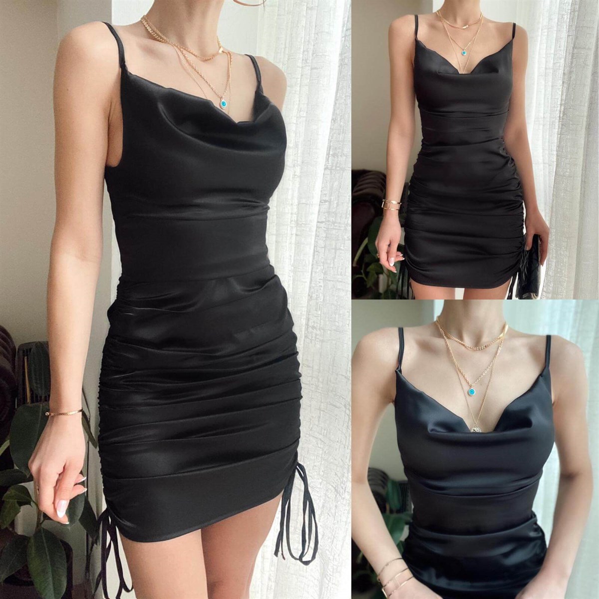 Degaje Yaka Saten Büzgülü Elbise | Trend&Şık Tasarımlar |  minetanbutik.com.tr
