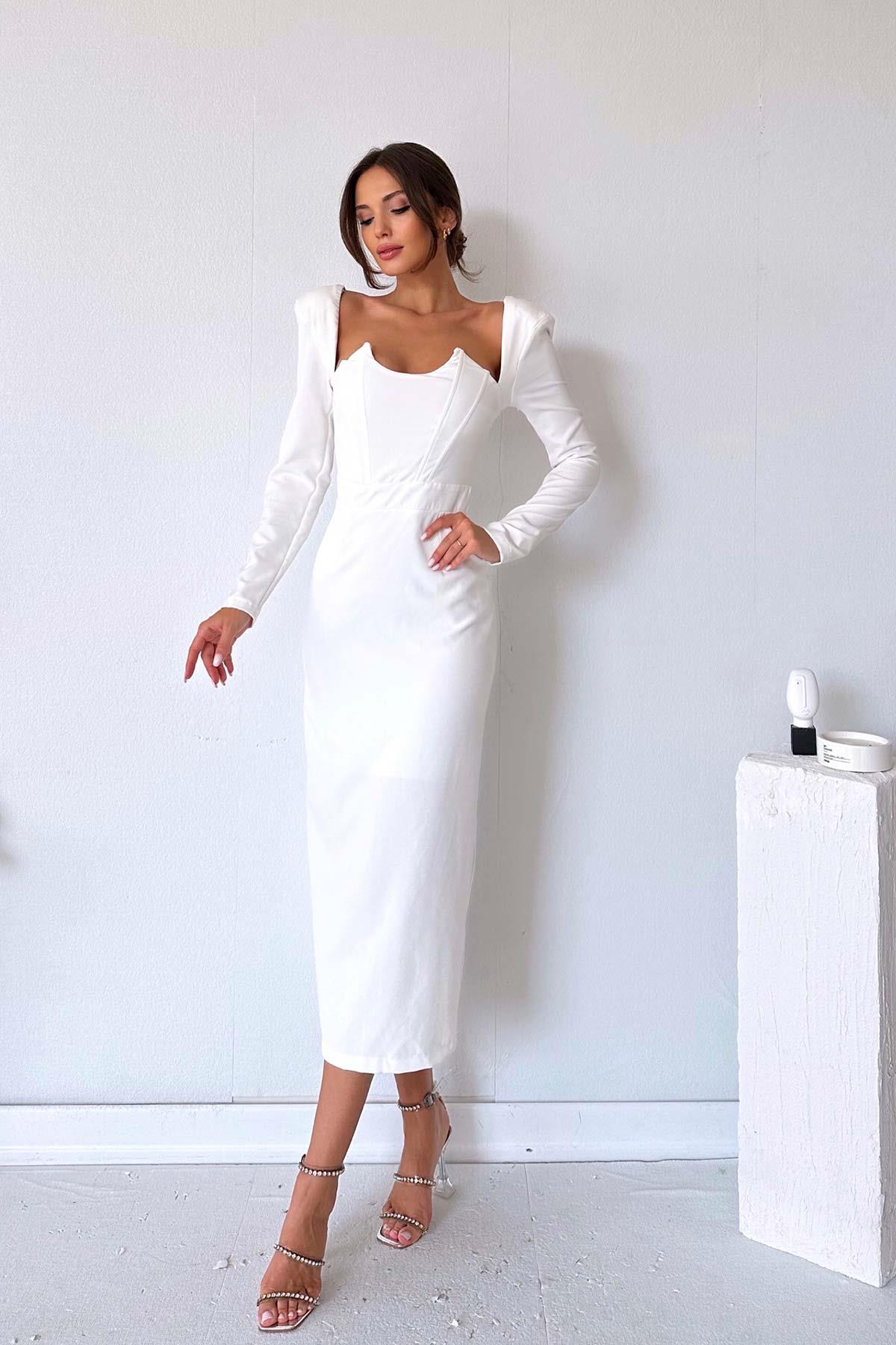 Dik Yaka Yırtmaçlı Uzun Kol Elbise - Beyaz | Trend&Şık Tasarımlar |  minetanbutik.com.tr