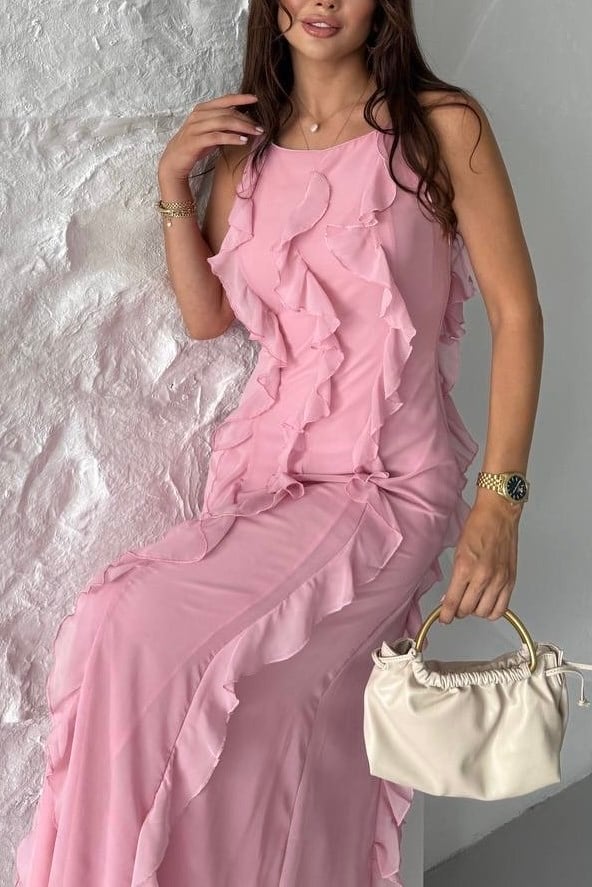 Halter Yaka Fırfır Detay Uzun Kadın Elbise - Pembe