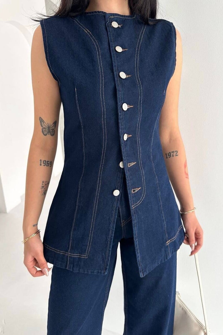 İkili Yelek Pantolon Denim Takım