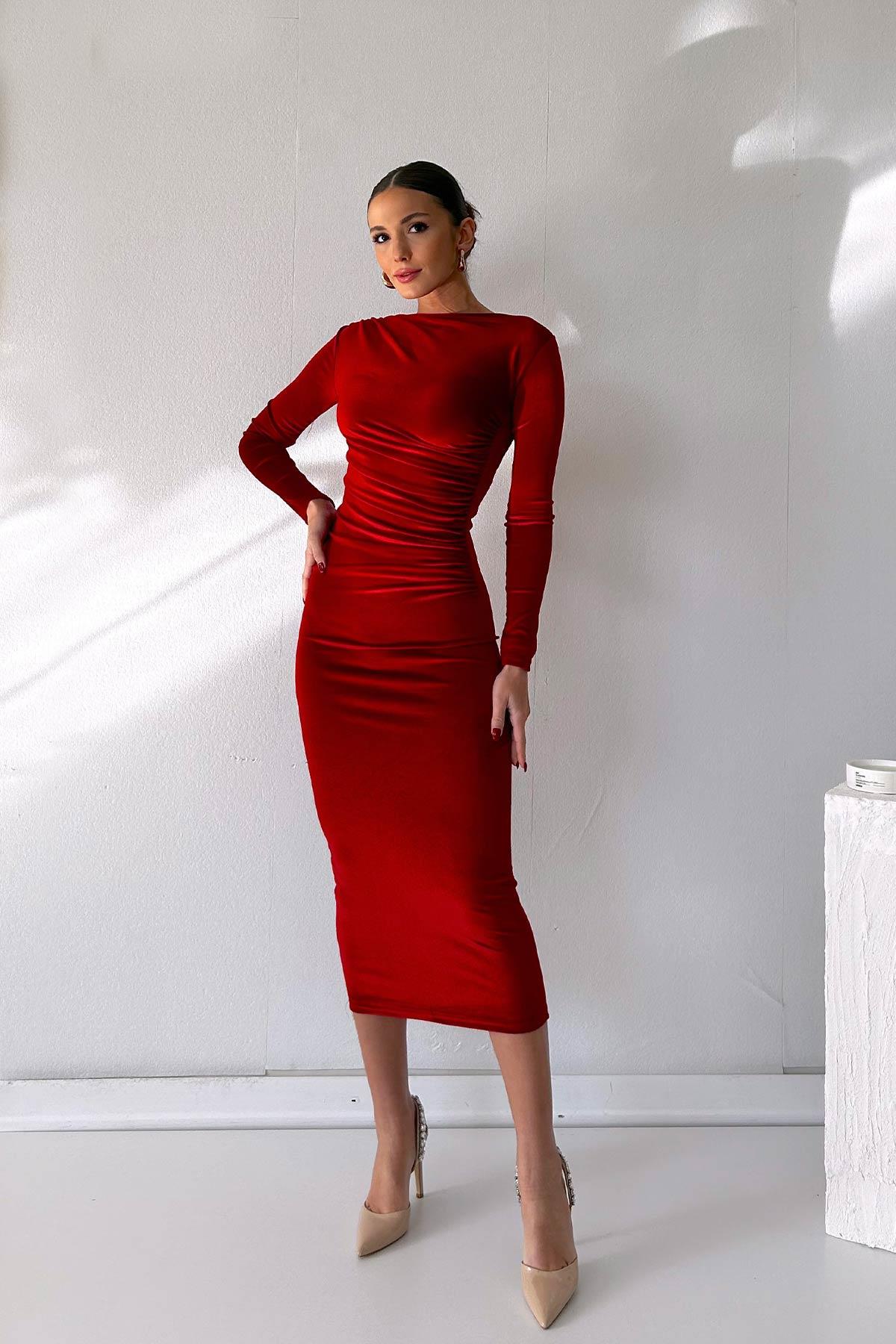 Kadife Uzun Kol Drapeli Elbise - Kırmızı | Trend&Şık Tasarımlar |  minetanbutik.com.tr